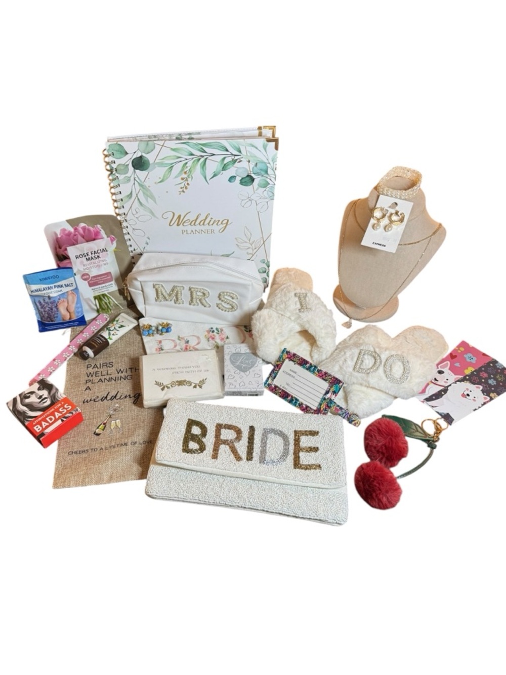 Bridal‎ Gift Set - White & Gold "BRIDE" Pouch + "MRS" & "I DO" Accessories